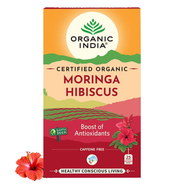 A TATA Product - Organic India Moringa Hibiscus Infusion, 25 Tea Bags, Certified Organic, Antioxidant-Rich, Caffeine-Free, Whole Herb Blend